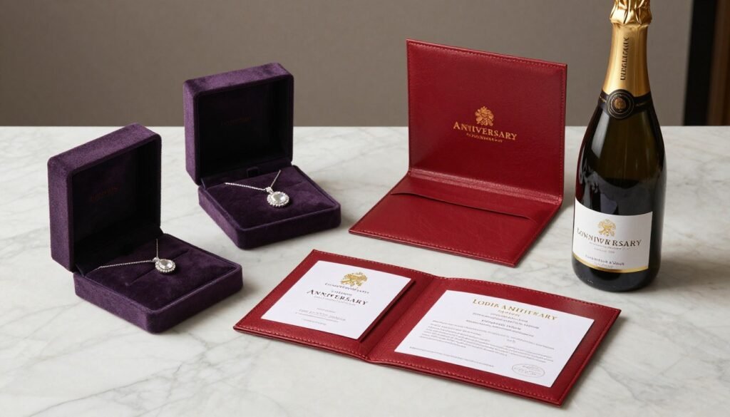 Luxury anniversary gifts including designer jewelry and travel vouchers Luxury anniversary gifts including designer jewelry and travel vouchers
