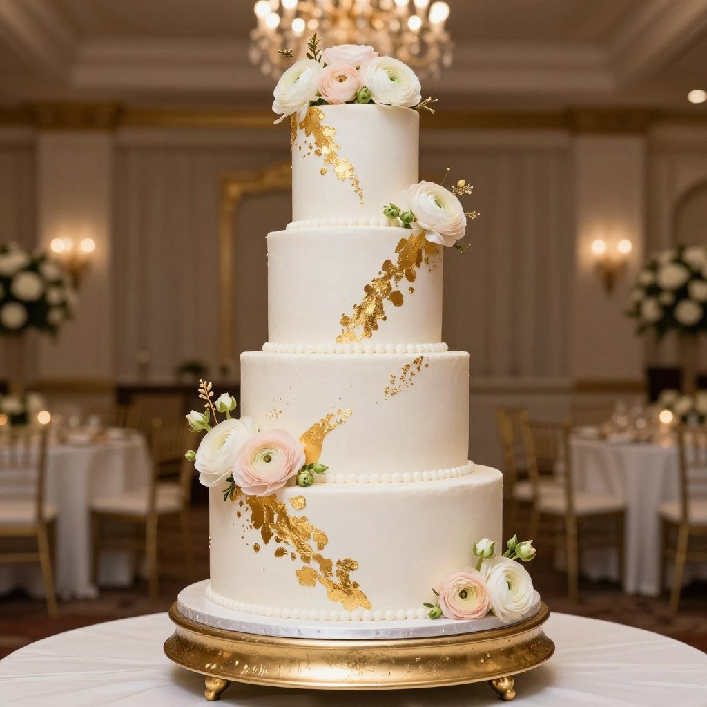 Luxury wedding cake with gold leaf and real flowers Luxury wedding cake with gold leaf and real flowers