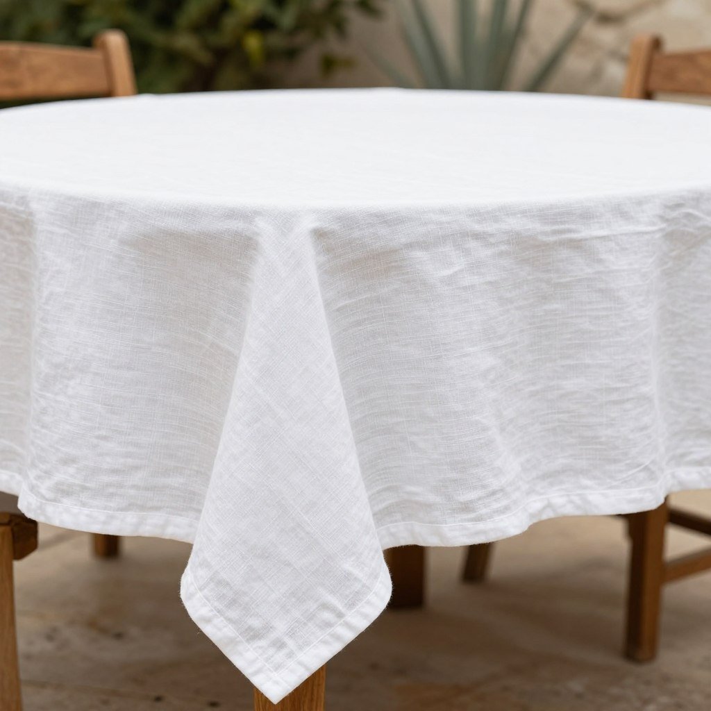Luxury white linen tablecloth draped on outdoor table Luxury white linen tablecloth draped on outdoor table