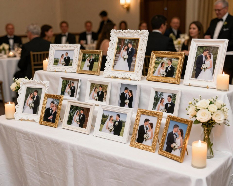 Memory display table with photos spanning 50 years of marriage Memory display table with photos spanning 50 years of marriage