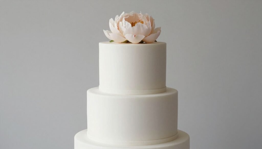 Minimalist white wedding cake with single large peony Minimalist white wedding cake with single large peony