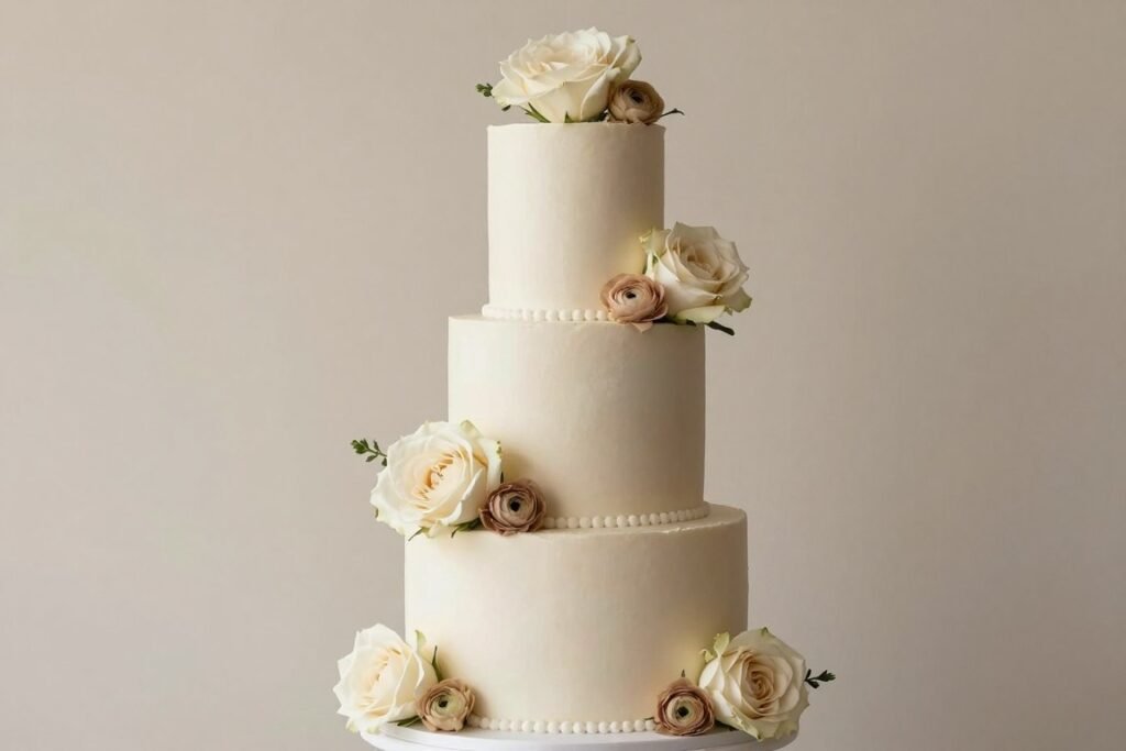 Neutral beige and ivory wedding cake with real flowers Neutral beige and ivory wedding cake with real flowers