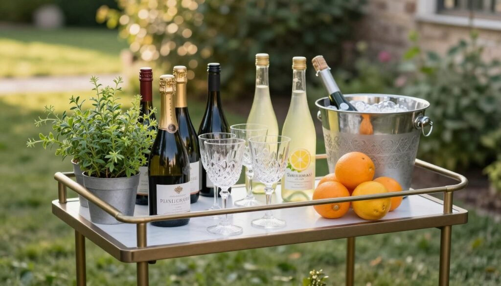 Outdoor bar cart setup for Italian garden dinner party Outdoor bar cart setup for Italian garden dinner party