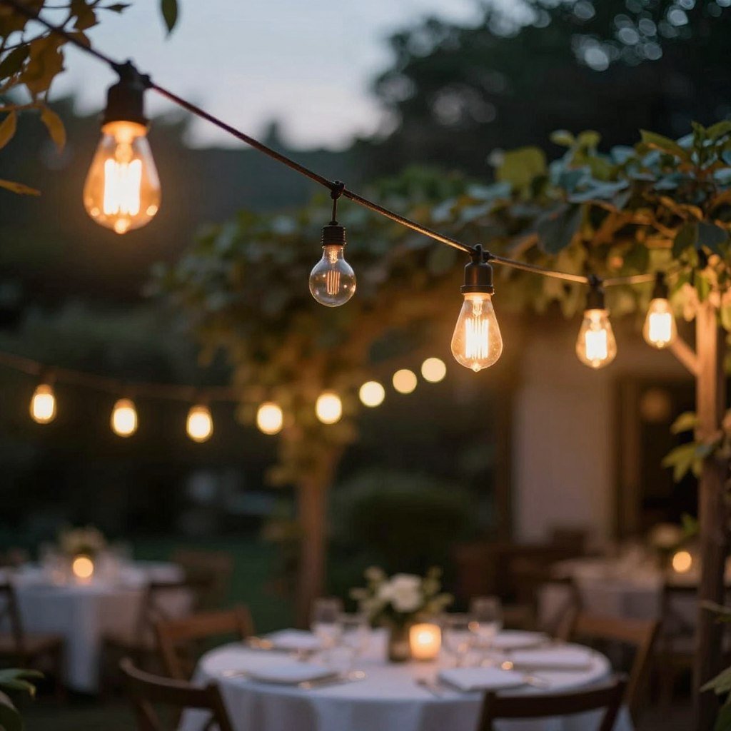 Warm vintage Edison bulb string lights over outdoor dining area Warm vintage Edison bulb string lights over outdoor dining area