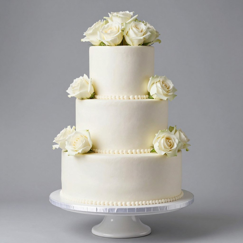 Wedding cake decorated with real white roses in classic arrangement Wedding cake decorated with real white roses in classic arrangement