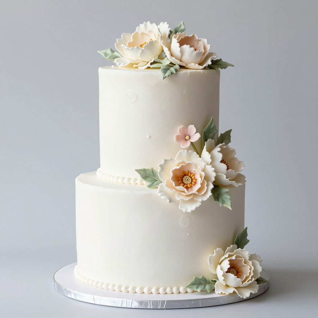 Wedding cake decorated with sugar flowers as alternative to real blooms Wedding cake decorated with sugar flowers as alternative to real blooms