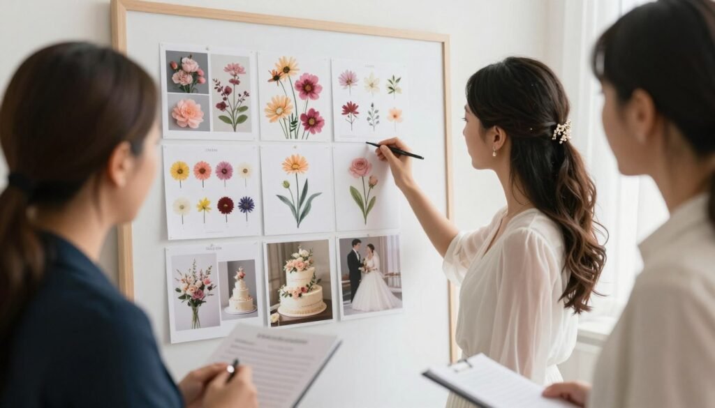 Wedding planning consultation discussing floral cake designs Wedding planning consultation discussing floral cake designs