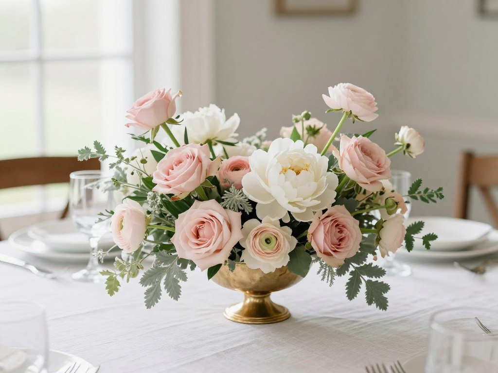 luxury birthday dinner centerpiece with soft romantic flowers in blush tones luxury birthday dinner centerpiece with soft romantic flowers in blush tones