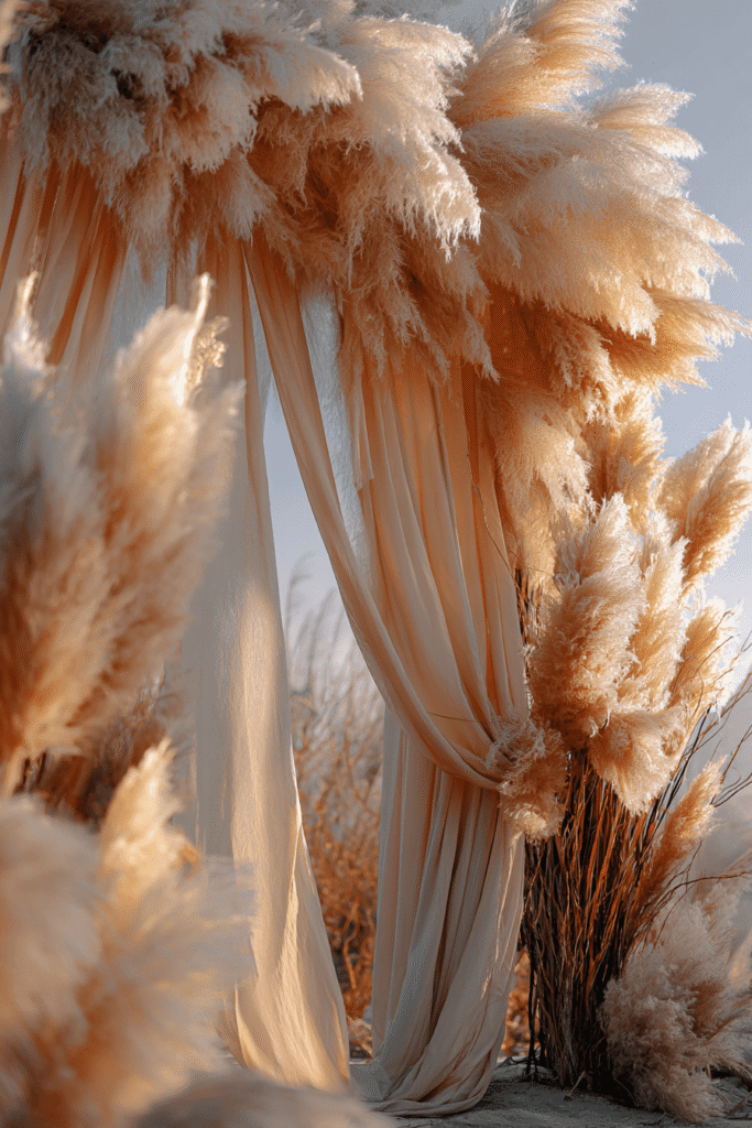 27 Luxury Wedding Arch Ideas for a Glamorous Ceremony Soft pampas grass arrangement with neutral beige linens creating an elegant, serene wedding ceremony backdrop with flowing textures and warm tones