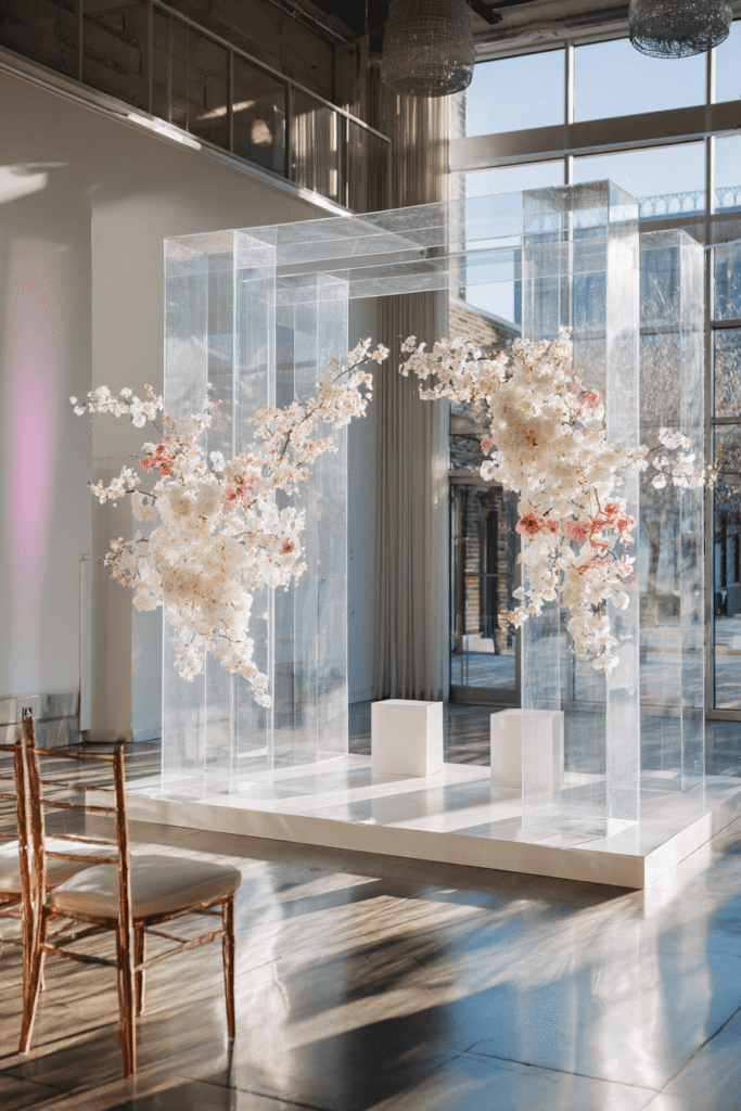 27 Luxury Wedding Arch Ideas for a Glamorous Ceremony Modern clear acrylic frame with floating florals and greenery on minimalist white background, contemporary home decor styling