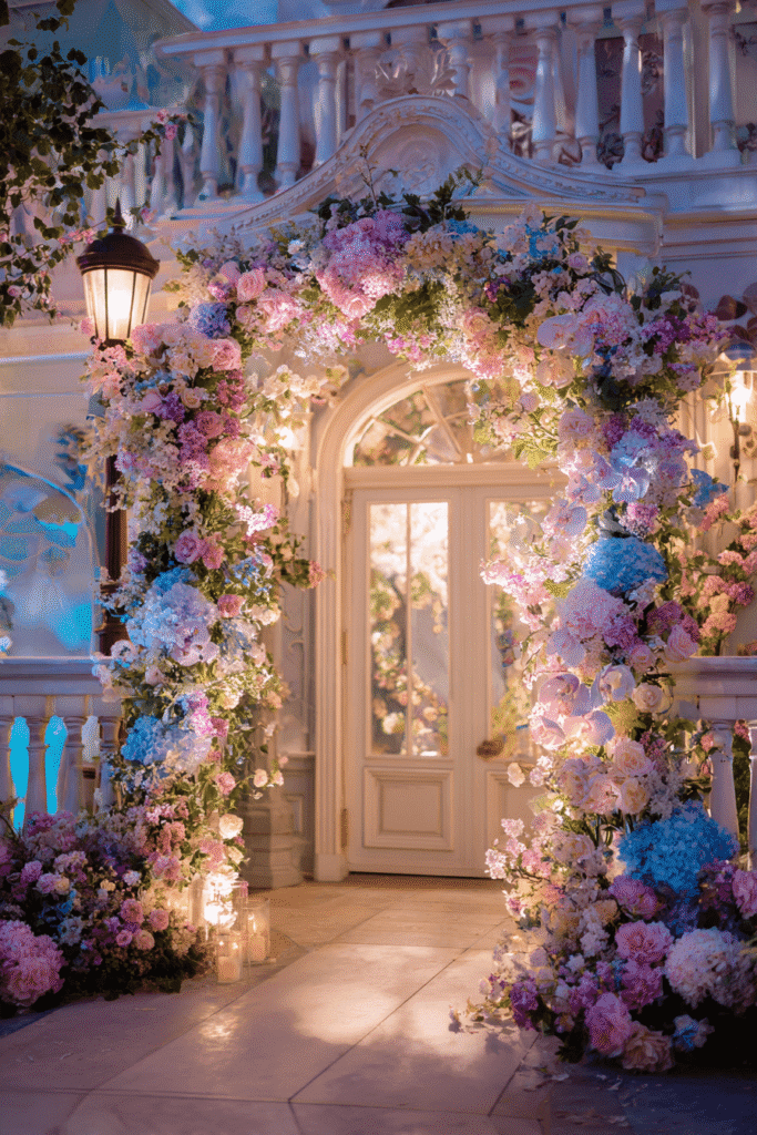 27 Luxury Wedding Arch Ideas for a Glamorous Ceremony A whimsical Disney-inspired wedding ceremony decorated with soft pastel florals, dreamy lighting, and enchanting fairytale elements creating a magical and romantic atmosphere.