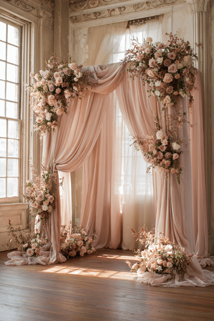 27 Luxury Wedding Arch Ideas for a Glamorous Ceremony Soft blush-toned romantic wedding décor with flowing fabrics, floral arrangements, and BHLDN-inspired refined details creating an elegant and timeless atmosphere
