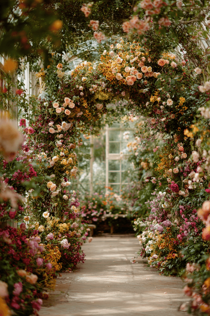 27 Luxury Wedding Arch Ideas for a Glamorous Ceremony A lush garden arch overflowing with romantic David Austin roses and layered blooms in vibrant, naturally beautiful colors