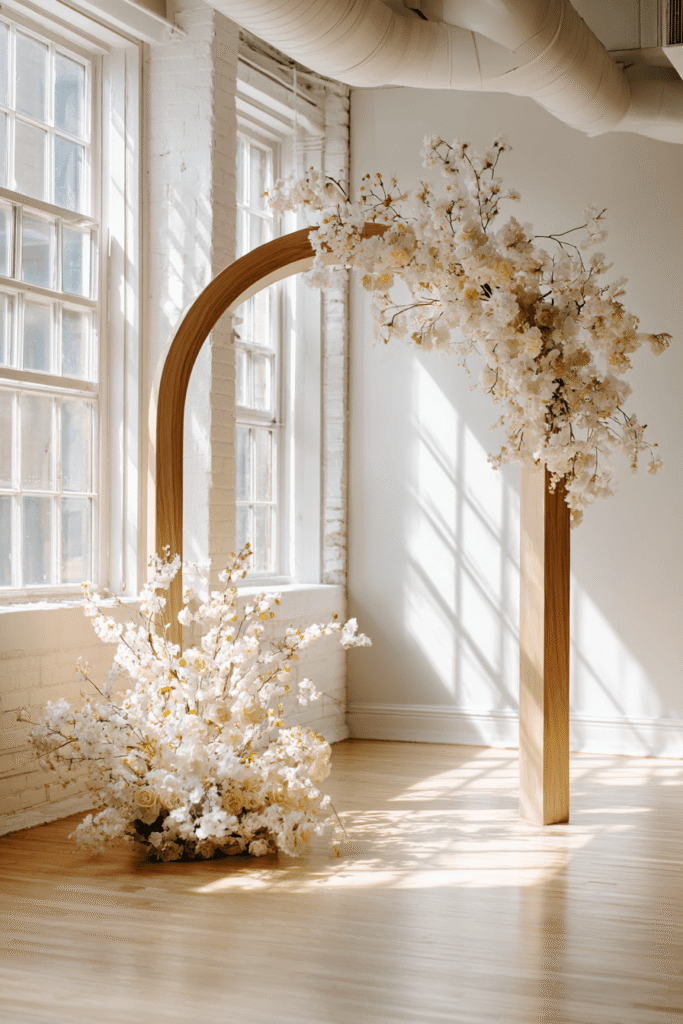 27 Luxury Wedding Arch Ideas for a Glamorous Ceremony Minimalist wedding arch with clean lines, simple IKEA frames, and delicate white flowers on a fresh, uncluttered backdrop