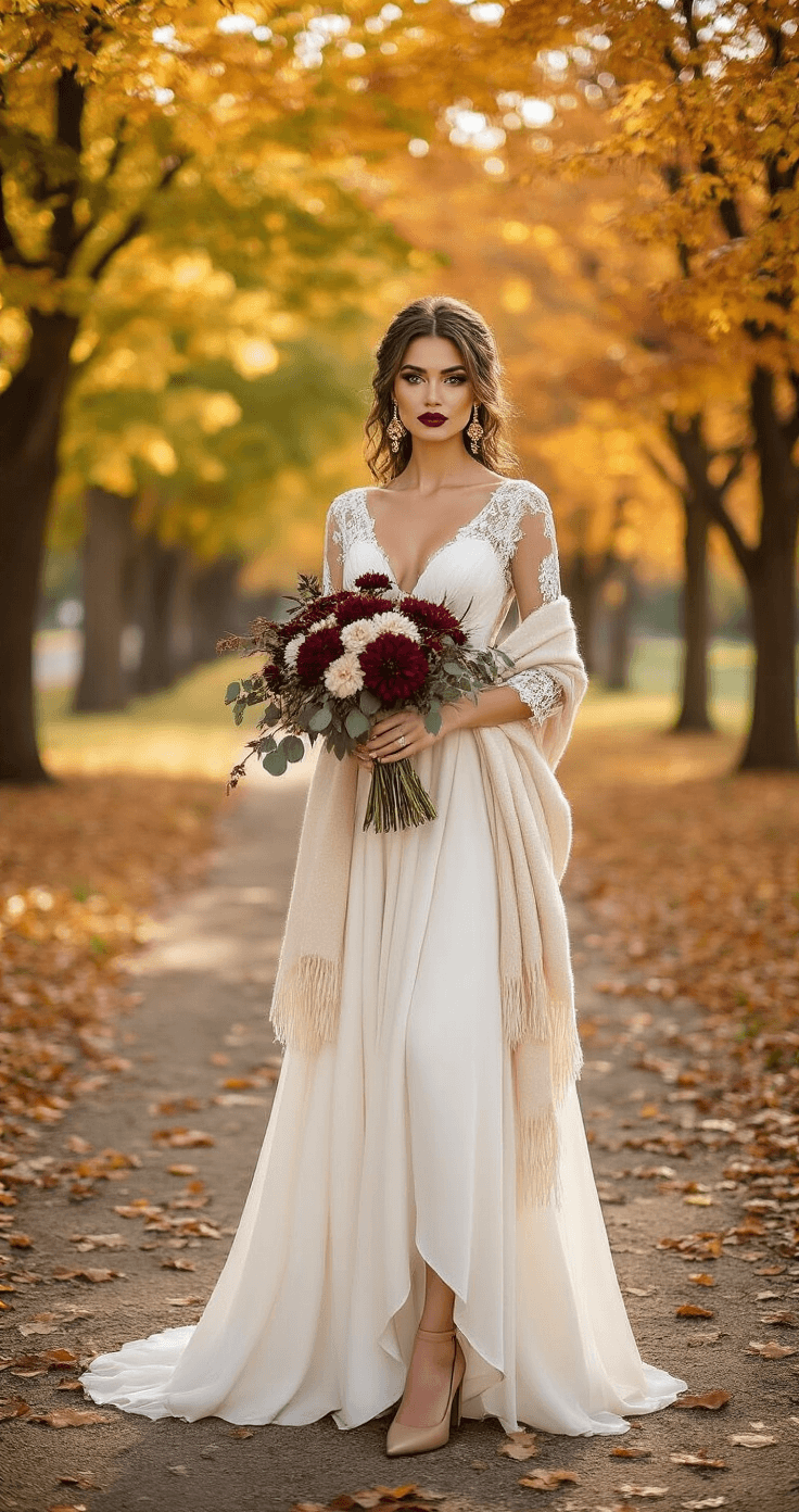 Fall Wedding Makeup That'll Actually Last Through Your Big Day A bride poses confidently in a flowing ivory A-line gown with delicate lace sleeves, surrounded by vibrant fall foliage in reds and yellows. She has bold burgundy lips, smokey bronze eye makeup, vintage gold drop earrings, and a soft cream cashmere wrap. Holding a bouquet of burgundy dahlias and eucalyptus, the scene is captured in warm mid-afternoon golden light, highlighting the cozy autumn atmosphere.