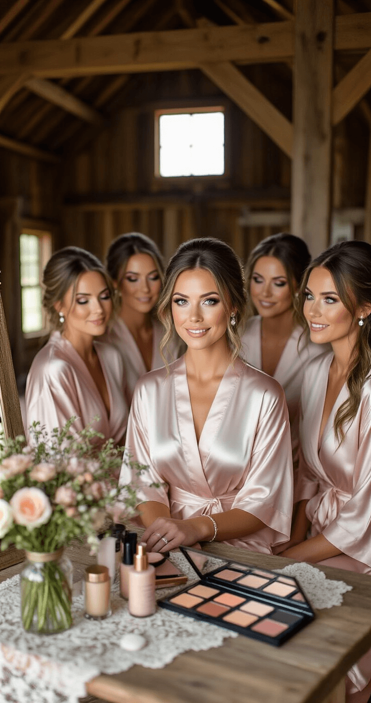 Fall Wedding Makeup That'll Actually Last Through Your Big Day A bride and her bridesmaids in matching blush pink silk robes prepare for the wedding at a rustic barn, sitting around a vintage vanity with warm morning light. The bride's makeup features rose tones, and delicate pearl accessories, amidst a cozy setting of wood beams and wildflowers, with makeup products displayed on a lace table runner.