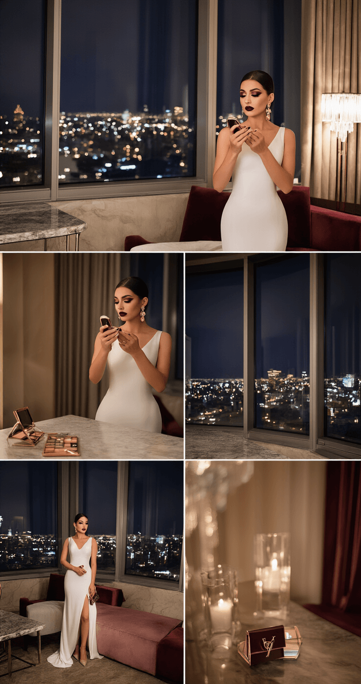 Fall Wedding Makeup That'll Actually Last Through Your Big Day A bride in a modern wedding gown applies makeup in an elegant hotel suite, with city lights twinkling outside. She has a sleek low chignon, bold burgundy lips, and chandelier earrings, surrounded by luxurious decor and dramatic lighting.
