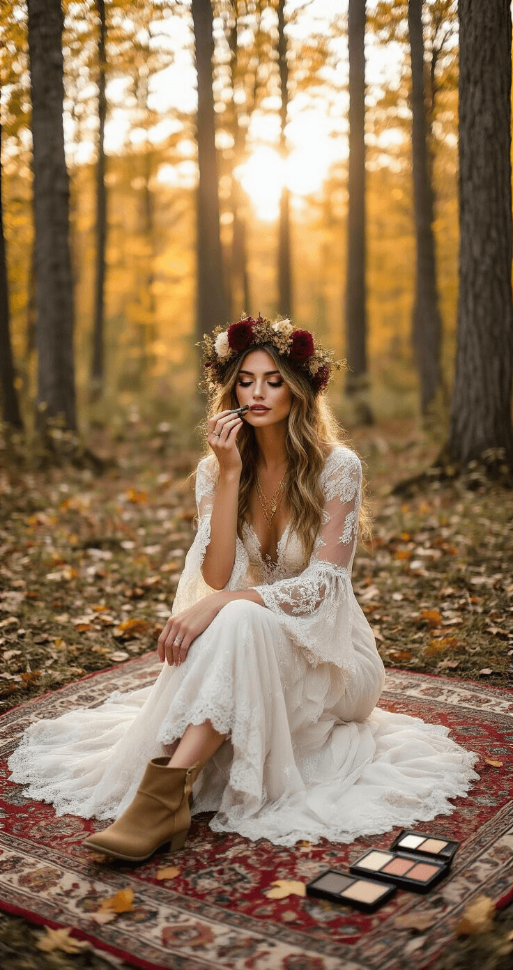 Fall Wedding Makeup That'll Actually Last Through Your Big Day A free-spirited bride in a bohemian lace wedding dress sits on a vintage Persian rug in a forest clearing, applying earthy-toned makeup with soft natural light highlighting vibrant fall foliage around her.