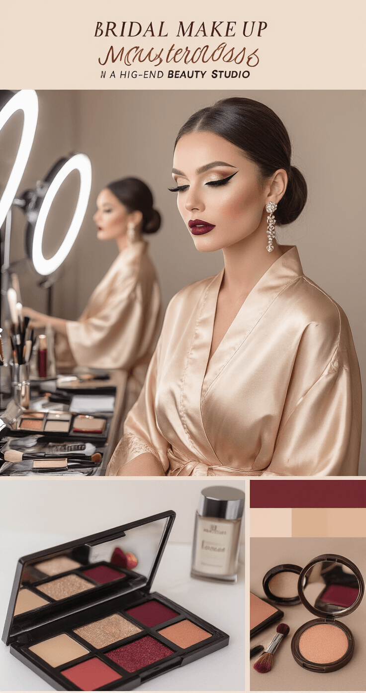 Fall Wedding Makeup That'll Actually Last Through Your Big Day Glamorous bridal makeup masterclass showcasing a bride in a champagne silk kimono robe applying bold fall makeup, featuring dramatic winged eyeliner and deep wine lipstick, in a high-end beauty studio with professional lighting and modern makeup stations.