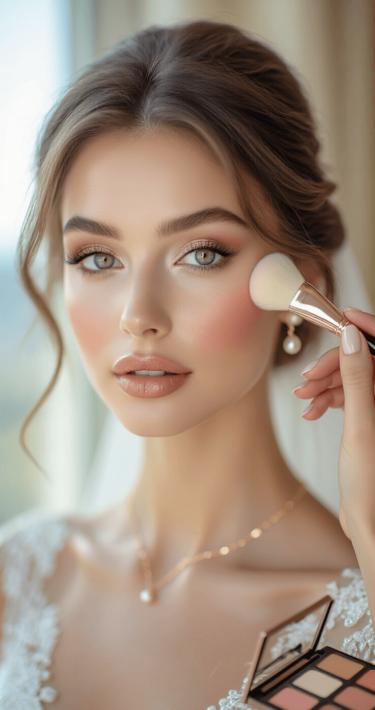 Soft Makeup Look for Weddings: Everything You Need to Know Close-up macro shot of a bride's face during makeup application in a luxurious hotel suite, featuring soft morning light, blended neutral eyeshadows, dewy skin, rose-gold brushes, and delicate jewelry, capturing the artistry of soft wedding makeup.