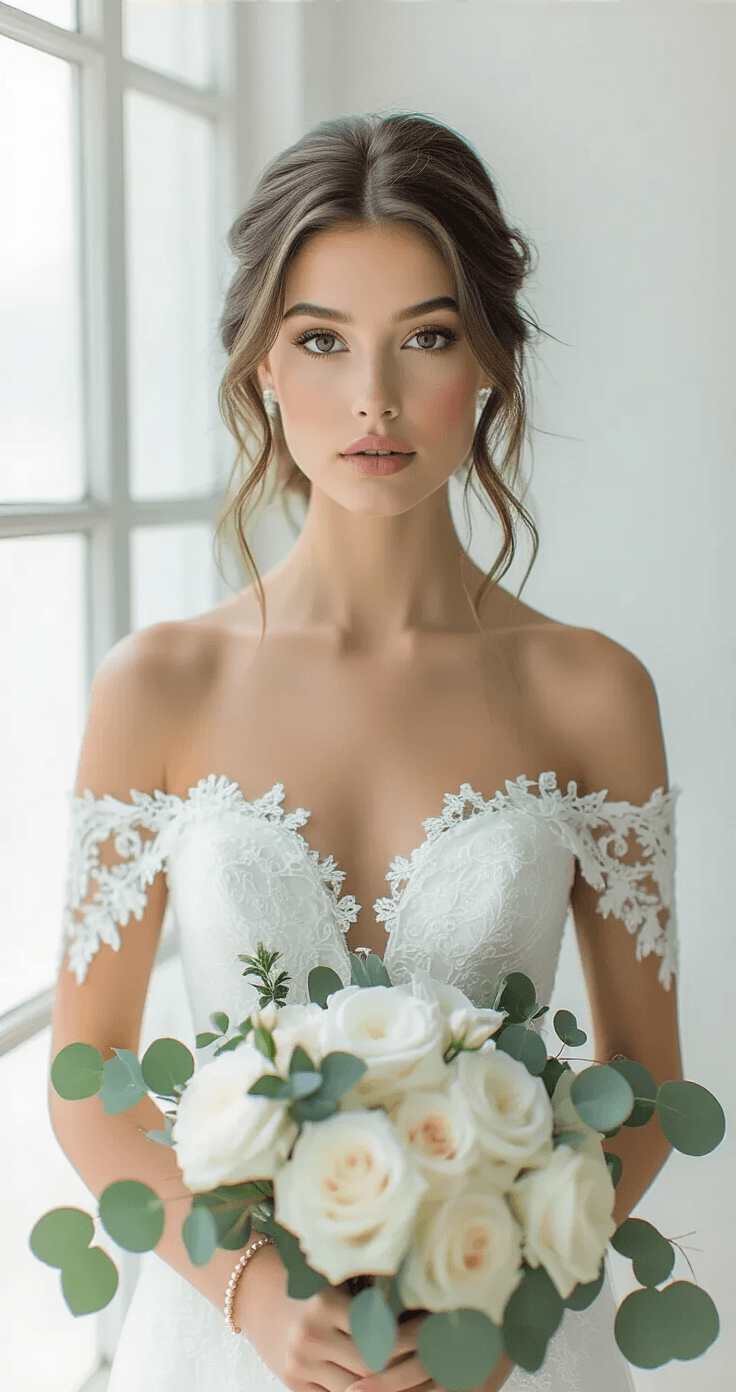 Soft Makeup Look for Weddings: Everything You Need to Know A bride in an ivory silk off-shoulder wedding dress poses gracefully in a minimalist studio, illuminated by soft natural light. Her soft glam makeup enhances her features, with neutral eyeshadow, soft pink blush, and nude-pink lips. Hair styled in a low updo, she holds a bouquet of white roses and eucalyptus, accessorized with a pearl bracelet, vintage gold wedding band, and a delicate fingertip veil.