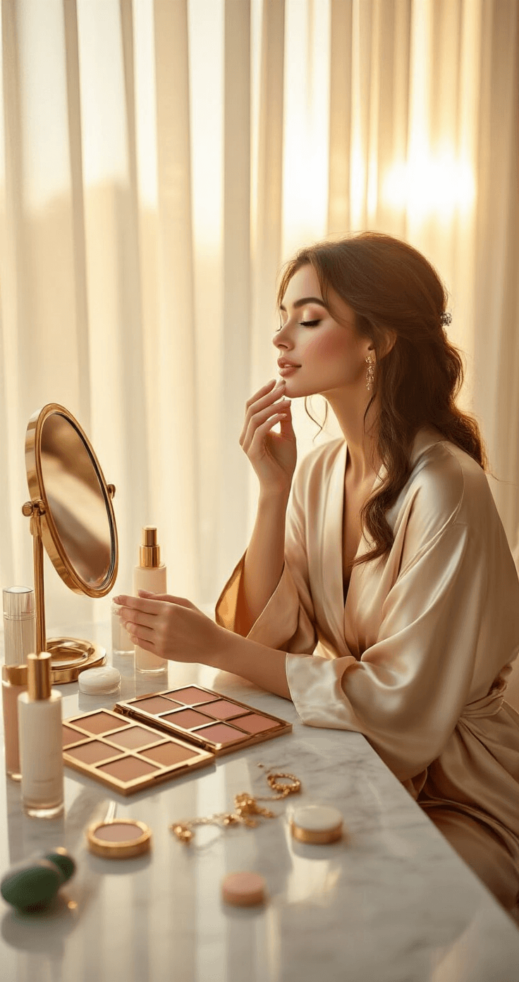 I Spent Months Testing Makeup Wedding Looks and Here's What Actually Works A bride-to-be in a champagne silk robe sits at a white marble vanity applying natural glam makeup during golden hour, with warm light illuminating her dewy skin. Eyeshadow palettes, soft pink lip colors, and skincare bottles are scattered across the surface, showcasing an elegant and intimate getting-ready scene.