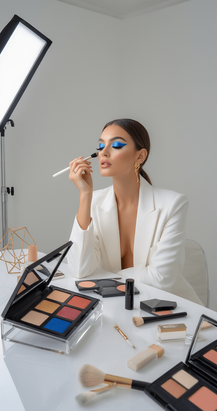 I Spent Months Testing Makeup Wedding Looks and Here's What Actually Works A contemporary bride experiments with vibrant blue eyeshadow at a minimalist acrylic makeup station, surrounded by high-pigment palettes, precision brushes, and geometric gold jewelry, all in a bright, shadow-free studio space.
