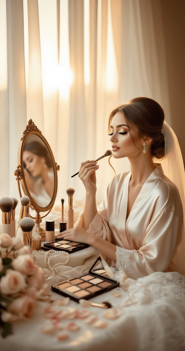 Wedding Makeup Ideas That'll Actually Look Good in Photos A bridal makeup artist's studio bathed in golden hour light, featuring a bride in a silk robe receiving natural glam makeup, surrounded by elegant tools and romantic decor.