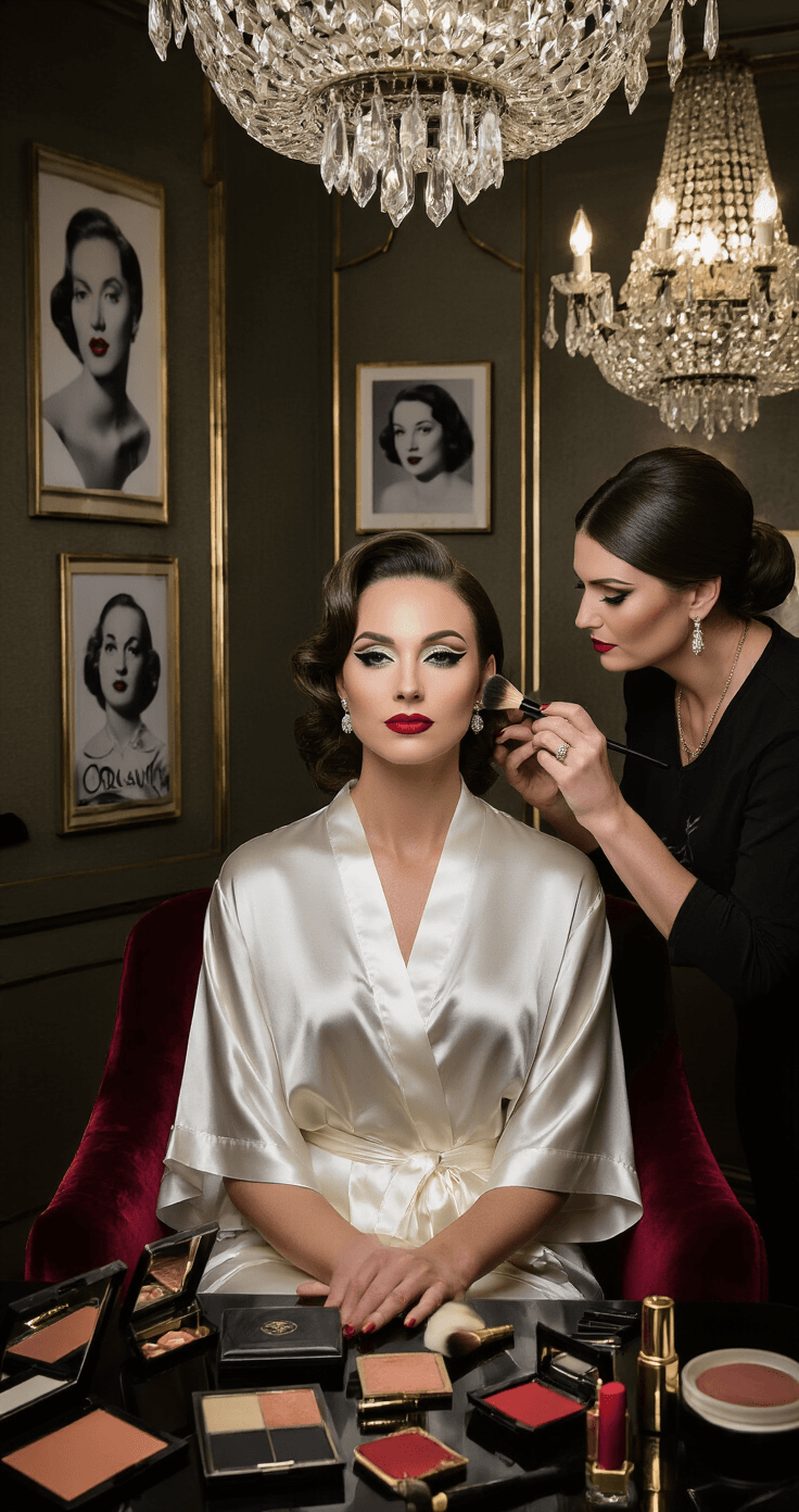 Wedding Makeup Ideas That'll Actually Look Good in Photos A glamorous bridal preparation scene in an Art Deco hotel suite, featuring a makeup artist applying classic Hollywood glam makeup to a bride in a silk robe, surrounded by vintage makeup compacts and red lipsticks, with dramatic lighting from crystal chandeliers and black and white photos of movie stars on the walls.