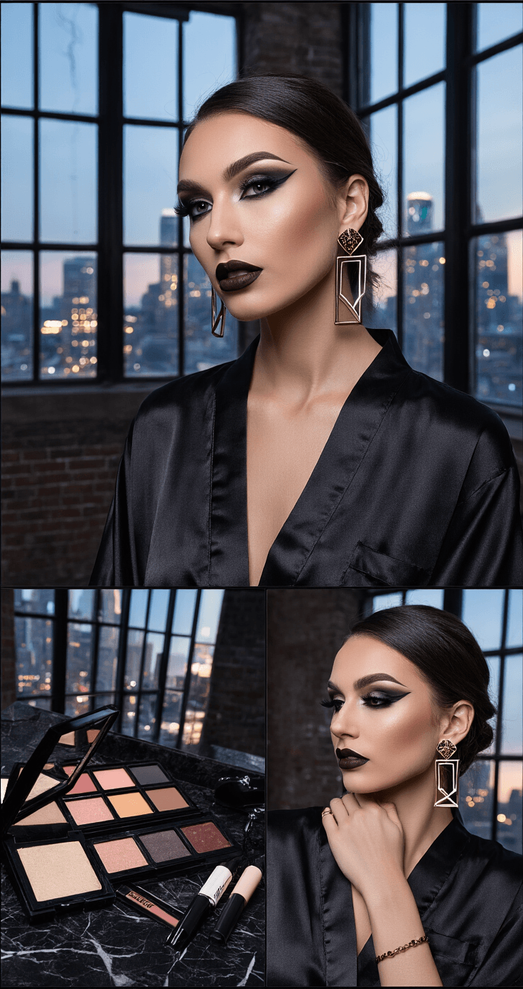 Wedding Makeup Ideas That'll Actually Look Good in Photos An edgy urban loft bridal suite with industrial windows features a modern bride in a black silk robe, showcasing bold dramatic makeup and sophisticated jewelry. The scene is enhanced by professional lighting, high-fashion makeup products on a marble vanity, and moody chiaroscuro effects highlighting the makeup's sculptural quality.
