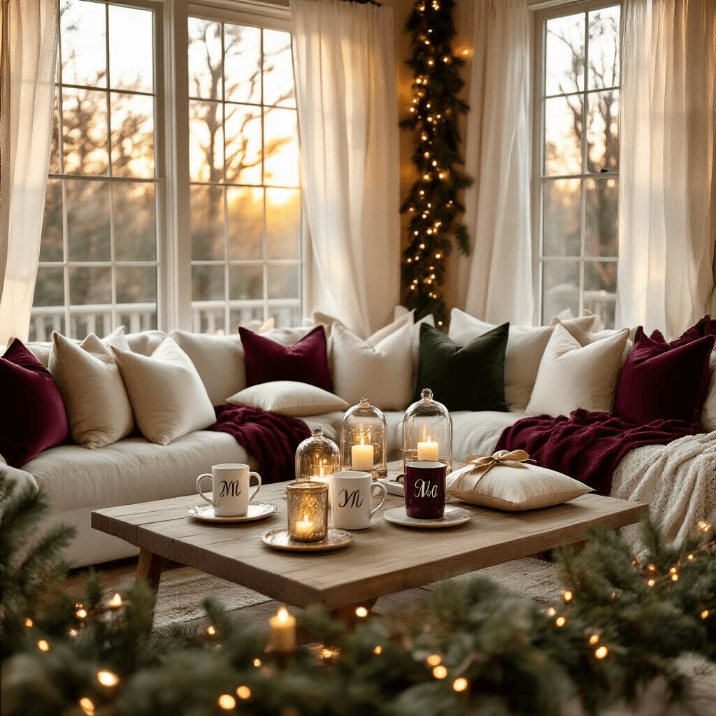 Christmas Gift Ideas That Actually Matter (No Junk, I Promise) A warm and inviting Christmas gift exchange scene in a cozy living room, featuring golden hour sunlight filtering through sheer white curtains, cream silk cushions, personalized monogram mugs on marble cake stands, and rich burgundy and forest green textiles accented with gold. Twinkling fairy lights, fresh pine and eucalyptus garlands, and vintage brass candlesticks with flickering ivory candles enhance the intimate atmosphere.