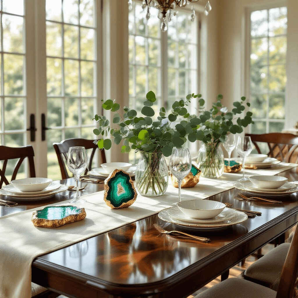 Resin Gifts That'll Make Everyone Think You're Way More Creative Than You Actually Are Elegant indoor dining room with floor-to-ceiling windows, featuring a mahogany dining table set with handcrafted resin coasters, cream and sage silk table runners, crystal wine glasses, gold-trimmed porcelain plates, fresh eucalyptus centerpieces, and delicate resin serving trays, all bathed in soft morning light.