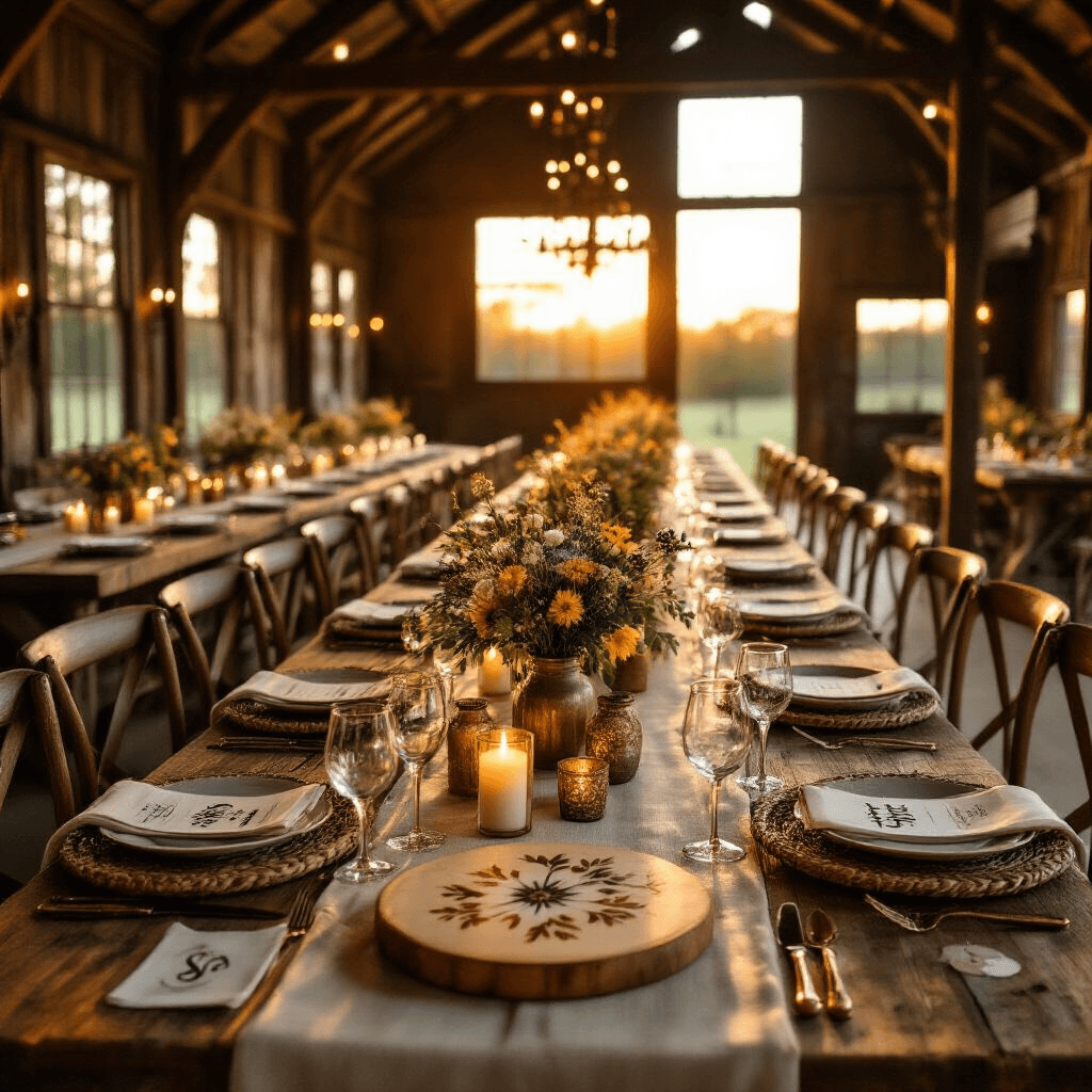 Resin Gifts That'll Make Everyone Think You're Way More Creative Than You Actually Are Cinematic overhead view of a rustic barn venue at golden hour, featuring long farmhouse tables adorned with burlap runners, resin cheese boards with wildflower designs, candlelit brass candlesticks, mason jar floral arrangements, handcrafted resin wine glasses, woven rattan chargers, and personalized resin keychains, all illuminated by warm amber light.