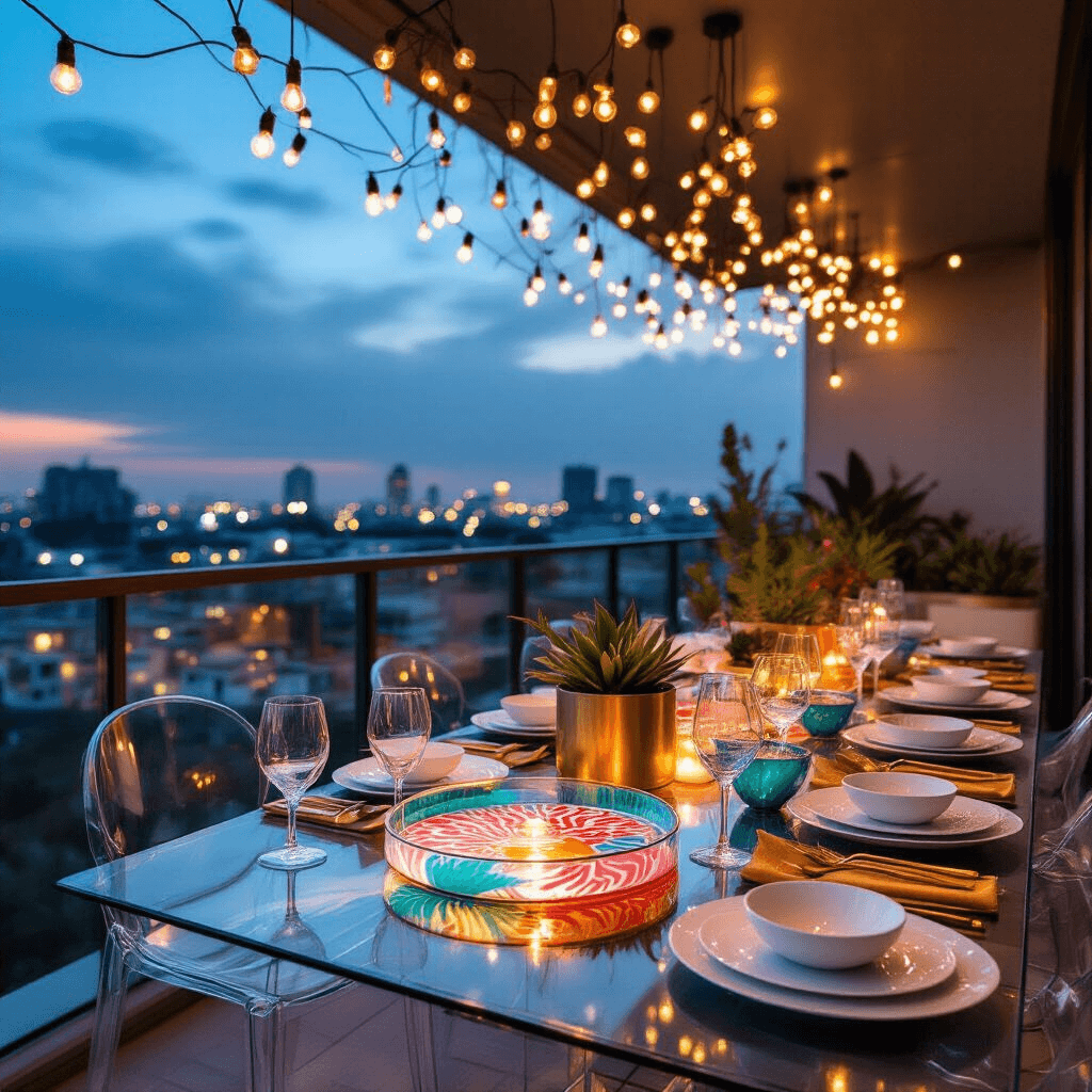 Resin Gifts That'll Make Everyone Think You're Way More Creative Than You Actually Are Wide-angle view of a modern apartment balcony beautifully set up for an intimate night celebration, adorned with string lights and featuring sleek acrylic furniture, vibrant petri art serving trays, contemporary dinnerware, geometric brass planters with succulents, and decorative resin pieces, all under the warm glow of city lights.