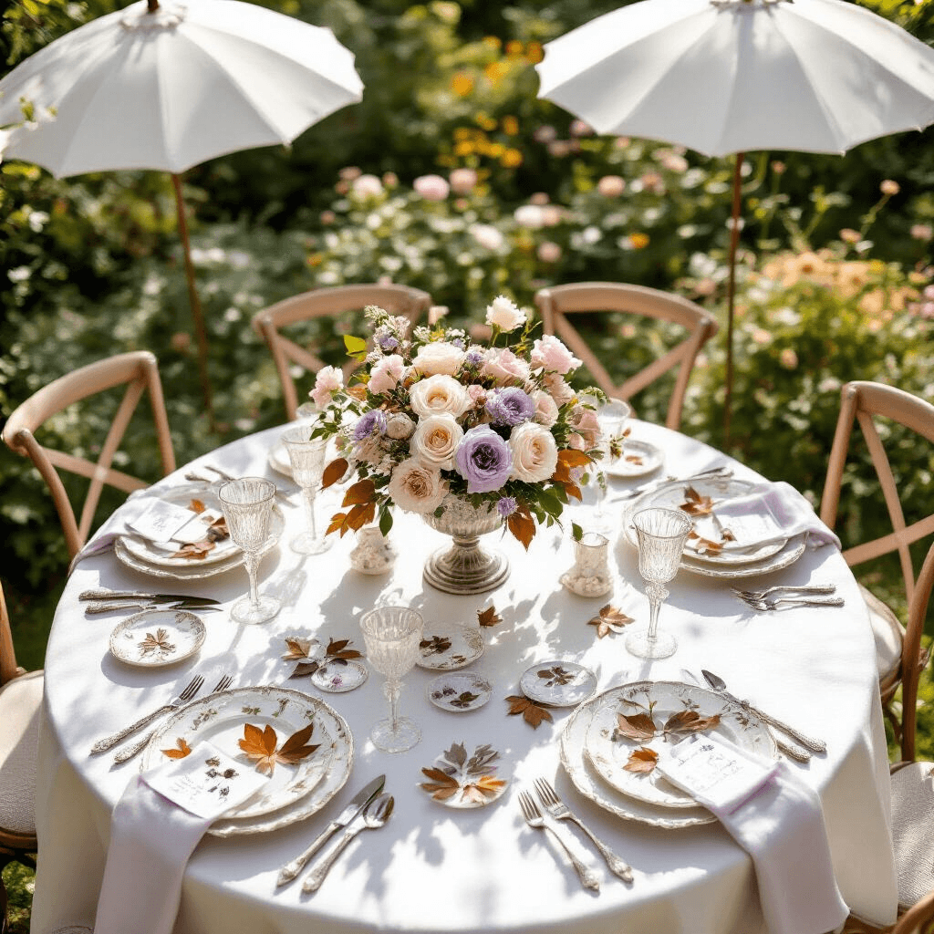 Resin Gifts That'll Make Everyone Think You're Way More Creative Than You Actually Are Elegant garden party setup with round tables dressed in white linen, featuring resin centerpieces with pressed autumn leaves, antique silver jewelry displays, custom resin coasters, vintage floral china, crystal champagne flutes, and fresh garden roses, all under white canvas umbrellas in soft midday sunlight.