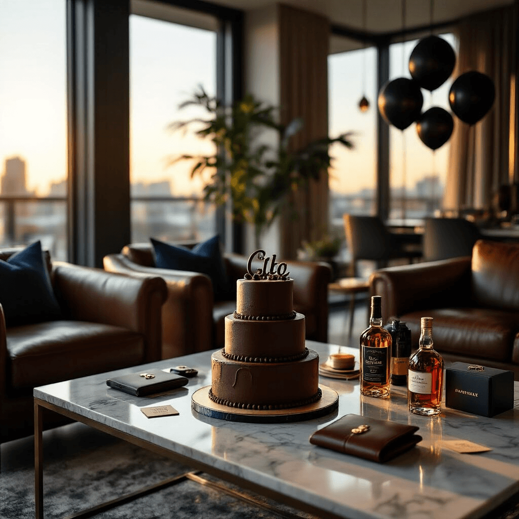 The Brother Gift Guide That'll Actually Make Him Smile (Without Breaking the Bank) Cinematic wide-angle view of a modern apartment birthday celebration, featuring a three-tier chocolate cake on a marble coffee table, surrounded by luxury gifts in a warm, inviting space illuminated by golden hour sunlight.
