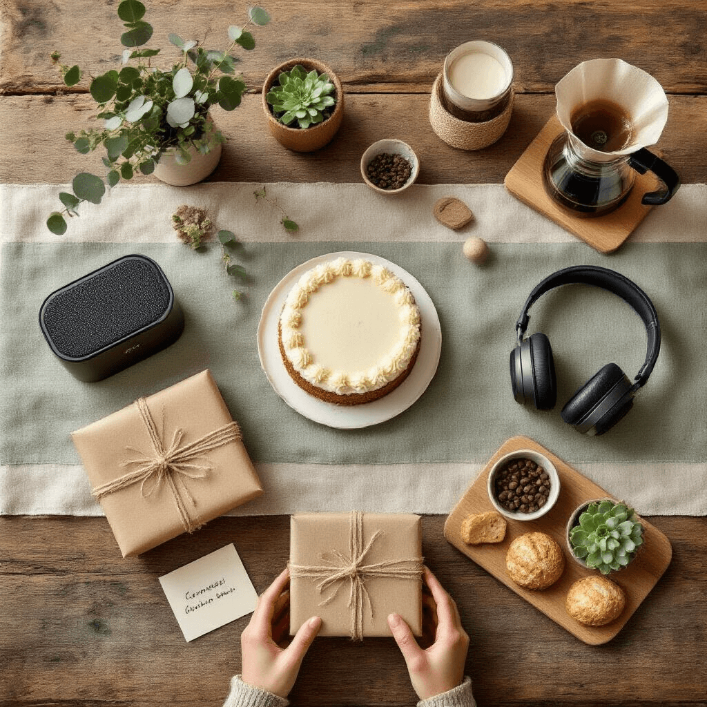 The Brother Gift Guide That'll Actually Make Him Smile (Without Breaking the Bank) Overhead flat lay of a cozy brother's gift-opening brunch featuring a rustic wooden table, decorated with sage green and cream linen runners, tech gifts, a vanilla bean cake, fresh eucalyptus, artisanal coffee setup, handwritten notes, and gourmet snacks, all illuminated by soft morning light.