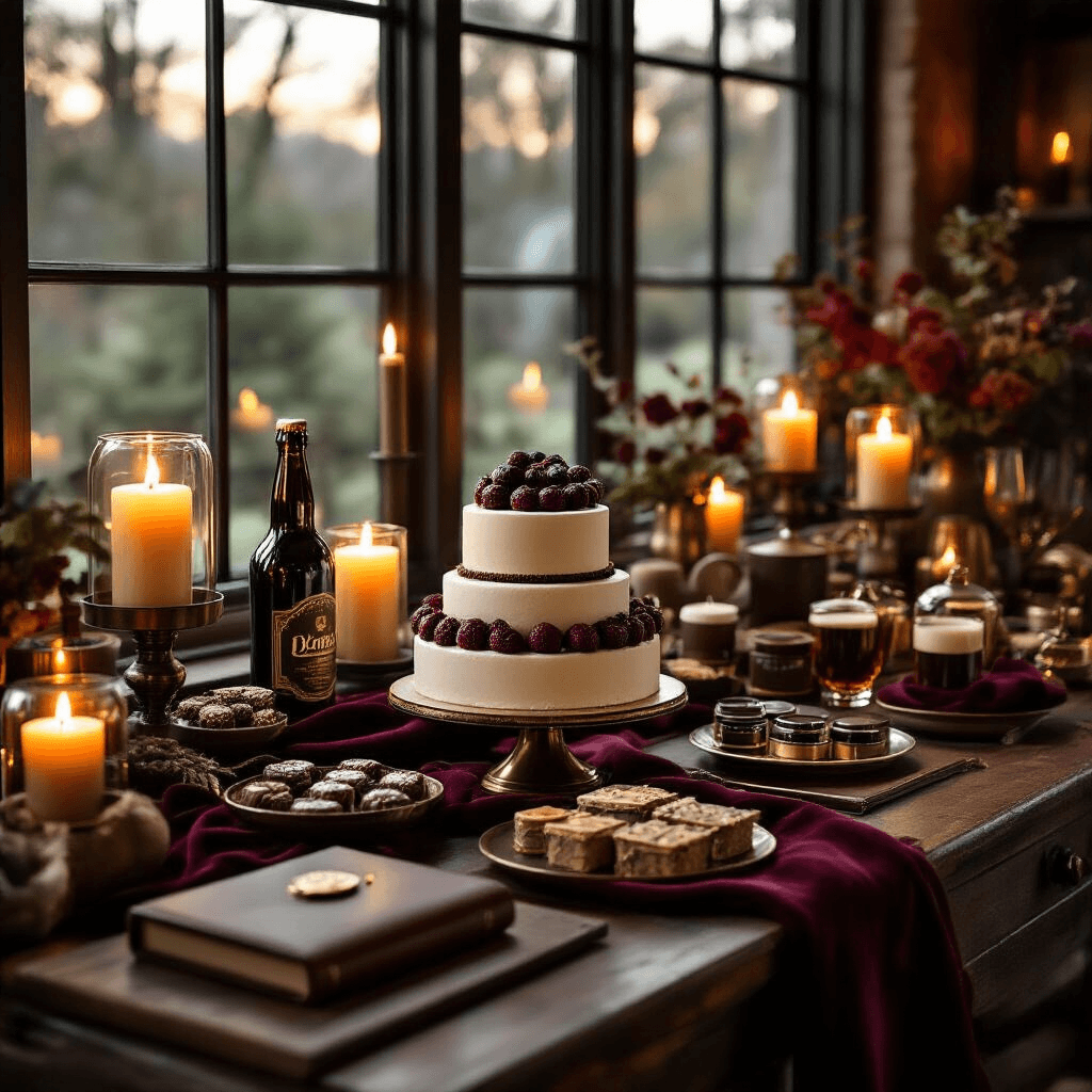 The Brother Gift Guide That'll Actually Make Him Smile (Without Breaking the Bank) Close-up detail shot of a sophisticated dessert table for a brother's celebration, featuring a minimalist cake, premium coffee, craft beer, and curated masculine gifts under warm candlelight.