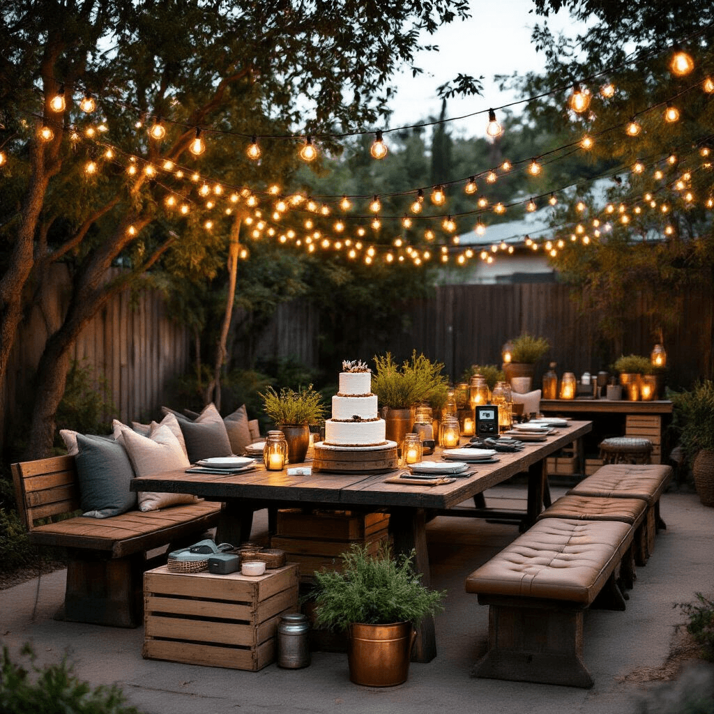 The Brother Gift Guide That'll Actually Make Him Smile (Without Breaking the Bank) Wide shot of a stylish backyard birthday gathering featuring a long farm table adorned with string lights, industrial decor, and a rustic naked cake, surrounded by comfortable seating and gift stations, all set during twilight hours.