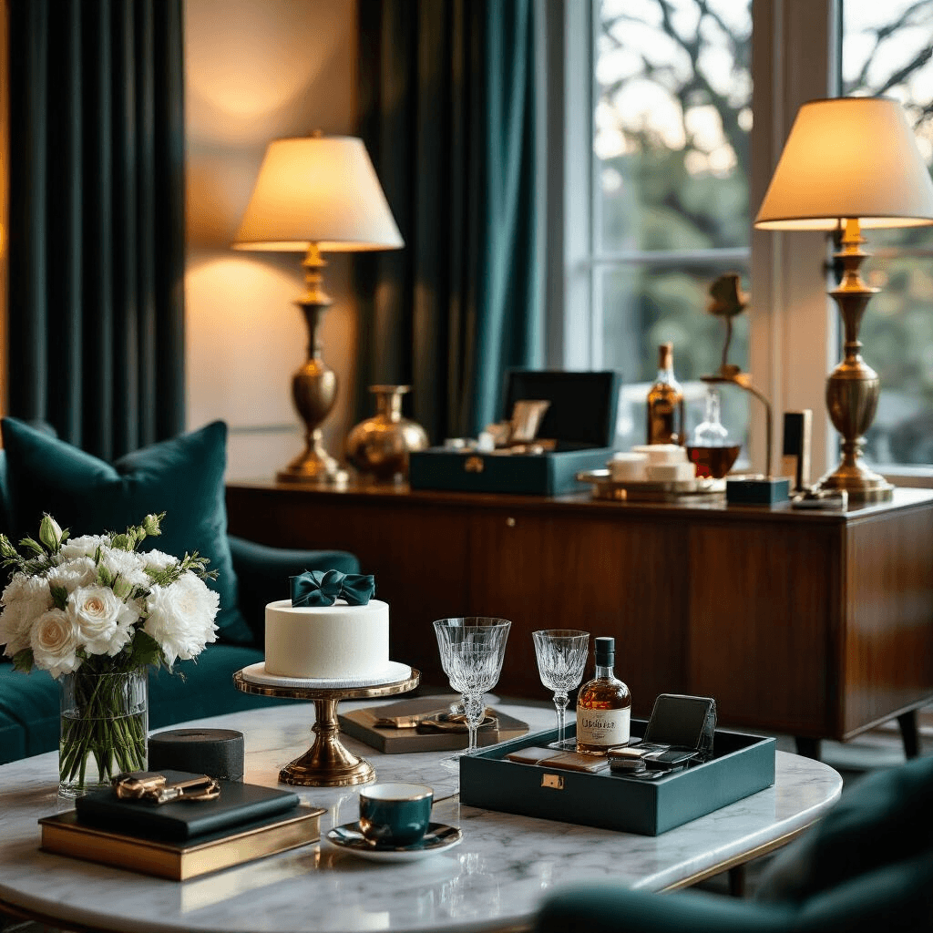 The Brother Gift Guide That'll Actually Make Him Smile (Without Breaking the Bank) Moody close-up of a sophisticated celebration corner featuring premium gifts, a single-tier cake, and elegant decor in a dimly lit indoor setting.