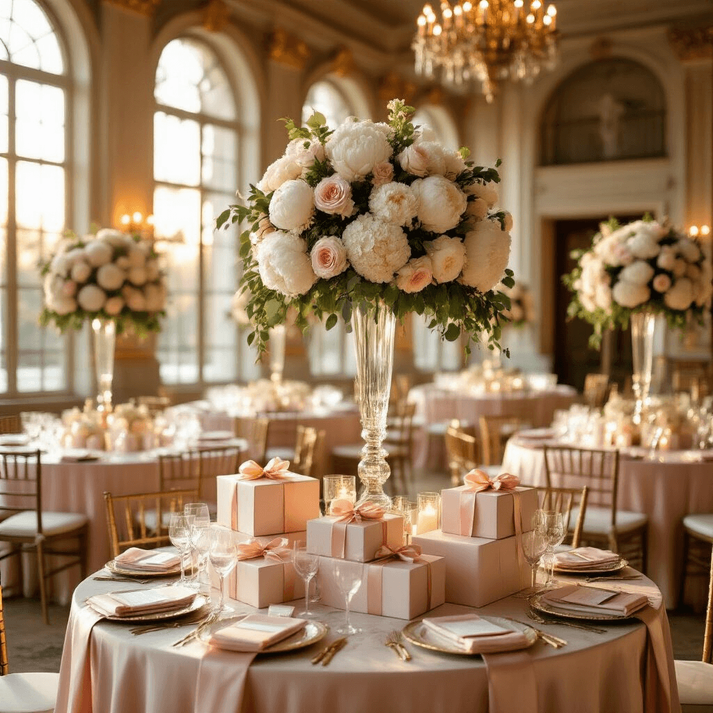 The Ultimate Guide to Unique Gift Ideas That'll Actually Make People Happy Elegant indoor ballroom during golden hour, featuring round tables with blush pink and cream silk linens, towering floral centerpieces of white peonies and eucalyptus, crystal glassware, and an ornate gift table with beautifully wrapped presents and cascading velvet ribbons, all illuminated by soft candlelight and natural sunlight through tall windows.
