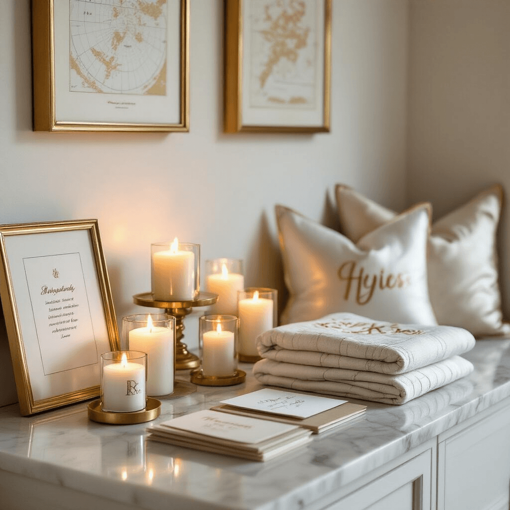 The Ultimate Guide to Unique Gift Ideas That'll Actually Make People Happy Close-up shot of a candlelit dining nook in a modern apartment, featuring a marble countertop with personalized gifts, including custom map prints in gold frames, monogrammed silk pajamas, embroidered throw pillows, and a tiered display of custom stationery with handwritten notes, all set against white walls and illuminated by clusters of pillar candles.
