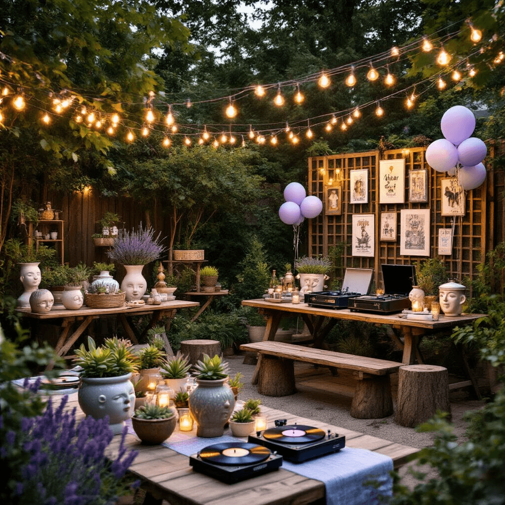 The Ultimate Guide to Unique Gift Ideas That'll Actually Make People Happy Cinematic wide shot of a whimsical backyard garden party at night, featuring rustic wooden tables adorned with quirky home decor, vintage tech gadgets, and collectibles, all under warm fairy lights. The scene includes face-shaped ceramic planters, portable record players on tree stumps, and local art prints on garden trellises, with lavender and silver accents in the decor and interactive DIY gift stations.