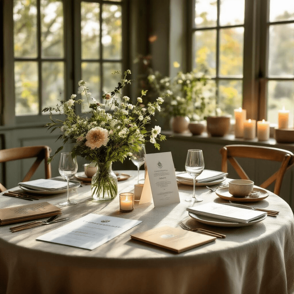 The Ultimate Guide to Unique Gift Ideas That'll Actually Make People Happy Moody intimate dining space with soft evening light, featuring a round table draped in sustainable linen, displaying donation certificates, conservation materials, and microfinance portfolios, adorned with fresh florals in glass vases, handwritten impact statements on recycled paper, and candle groupings in recycled glass holders, all in an earth-toned color palette.