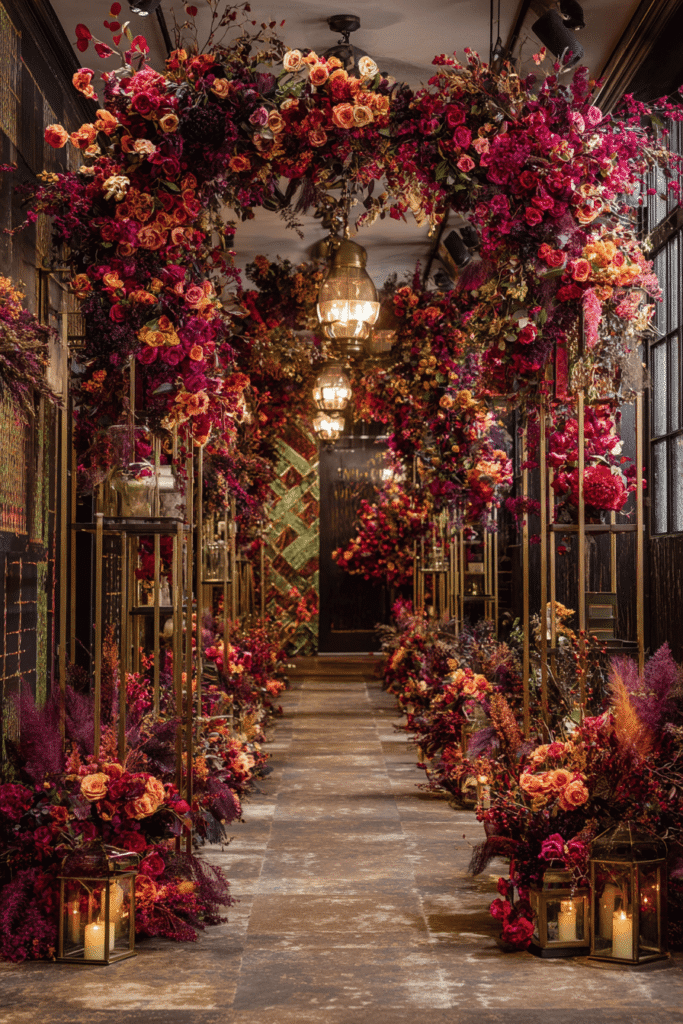 27 Luxury Wedding Arch Ideas for a Glamorous Ceremony Luxurious Gucci-inspired wedding arch with deep jewel-tone florals, bold textures, and gold accents creating an opulent and dramatic statement backdrop