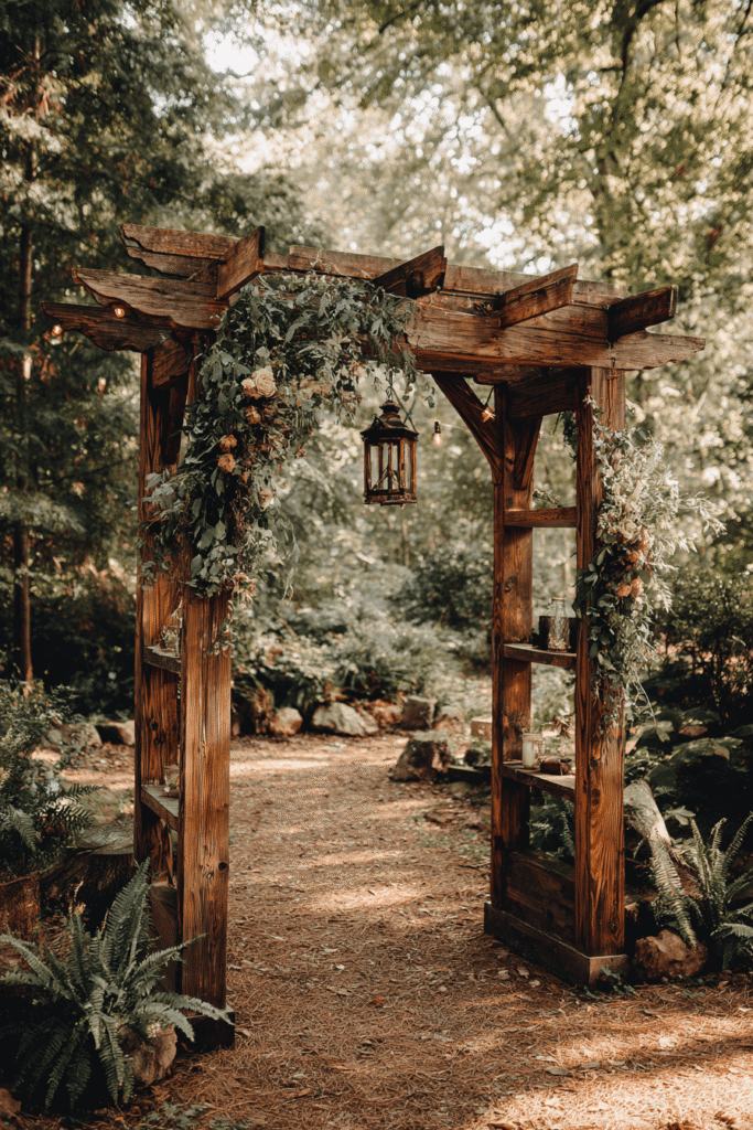 27 Luxury Wedding Arch Ideas for a Glamorous Ceremony Rustic wedding ceremony backdrop featuring natural wood textures, reclaimed wooden elements, handcrafted Etsy-inspired accents, and lush greenery creating a warm, cozy, and charming woodland aesthetic