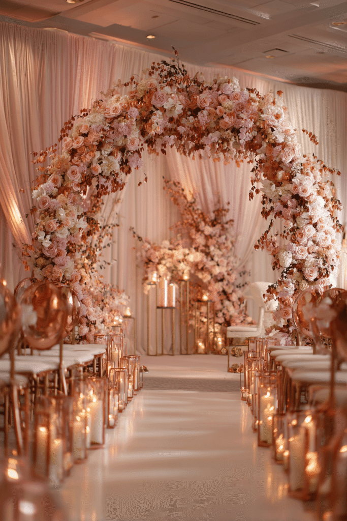 27 Luxury Wedding Arch Ideas for a Glamorous Ceremony A wedding arch decorated with rose gold metallic accents, soft pink florals, and Kate Spade-inspired decor pieces creating a chic and romantic aesthetic.