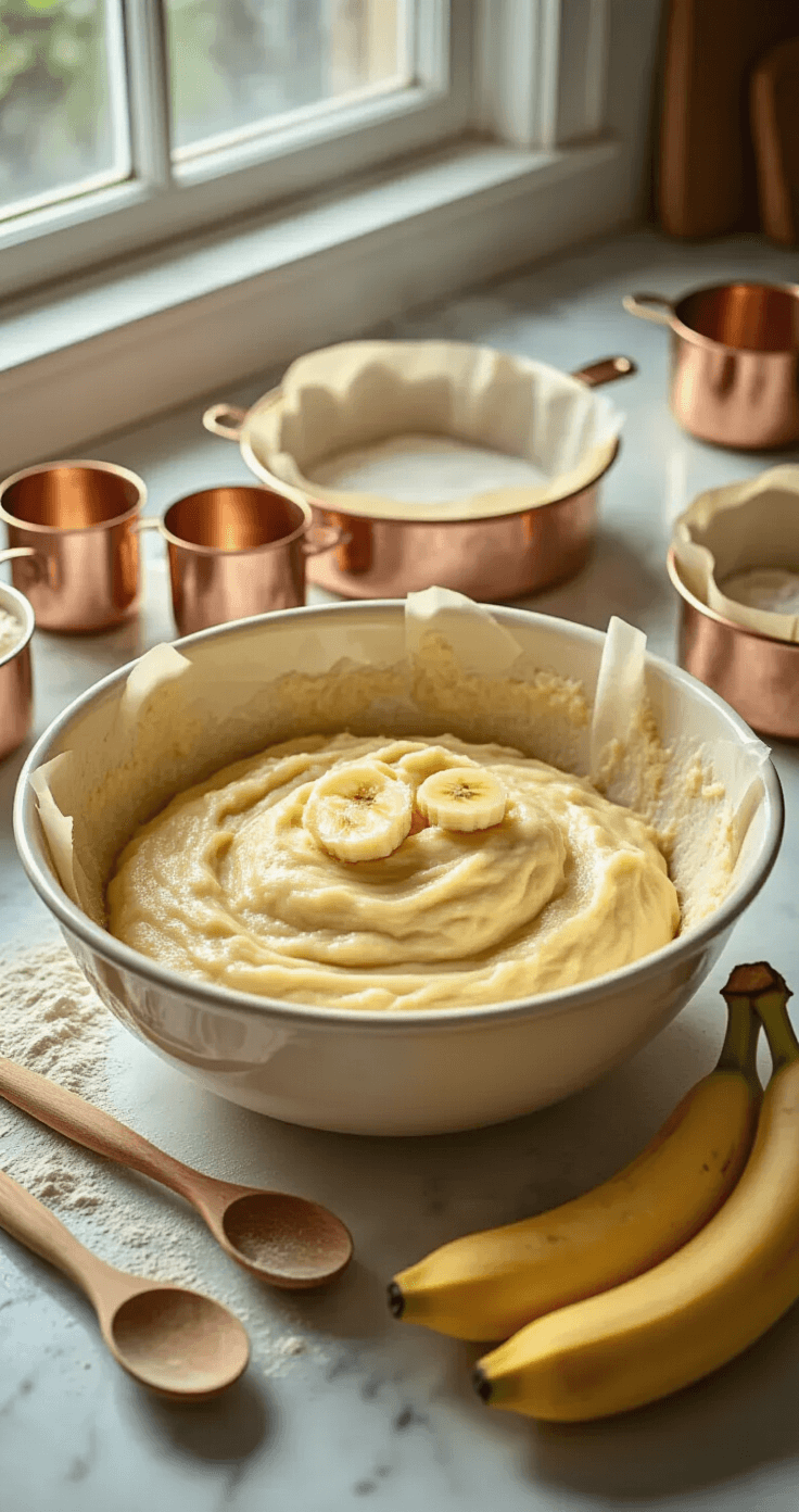 Banana Caramel Cake: Rich, Moist Layers With Silky Homemade Caramel A mixing bowl filled with banana batter surrounded by vintage measuring cups, wooden spoons, and greased cake pans, with ripe bananas and soft natural light creating a warm, inviting baking scene.