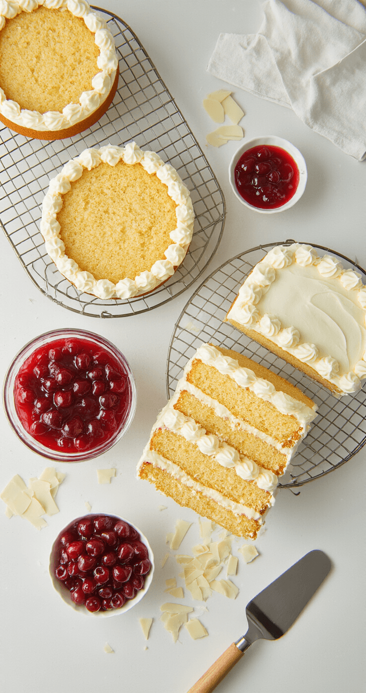 White Forest Cake: A Stunning White Chocolate Cherry Layer Cake Overhead view of a cake assembly station with three golden vanilla cake layers on wire racks, a bowl of ruby-red cherry filling, piped ganache around the edges, scattered white chocolate shavings, and an offset spatula ready for decoration in a pristine kitchen.