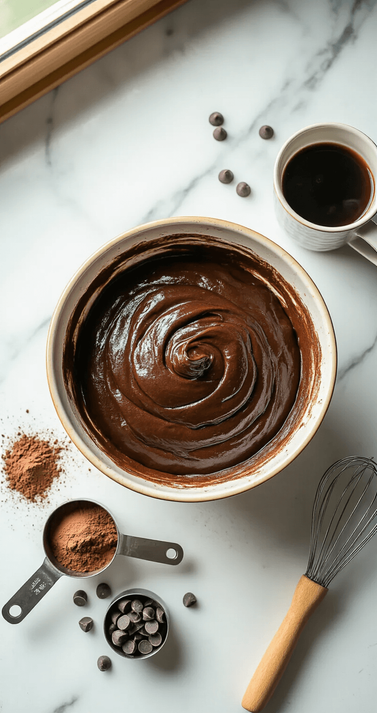 Chocolate Raspberry Truffle Cake: Dark Chocolate Heaven Meets Fresh Berries Cinematic overhead shot of a large ceramic mixing bowl filled with dark chocolate batter, surrounded by cocoa-dusted marble countertop, steam rising from a cup of black coffee, flour-covered measuring cups, a wooden whisk, and scattered dark chocolate chips, all illuminated by warm golden hour light.